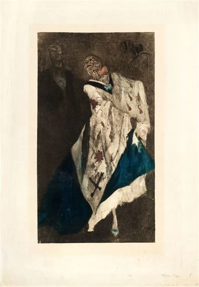 Death at the Ball by Félicien Rops, c. 1865-75, skeleton dressed in an elegant ball gown dancing against a dark background