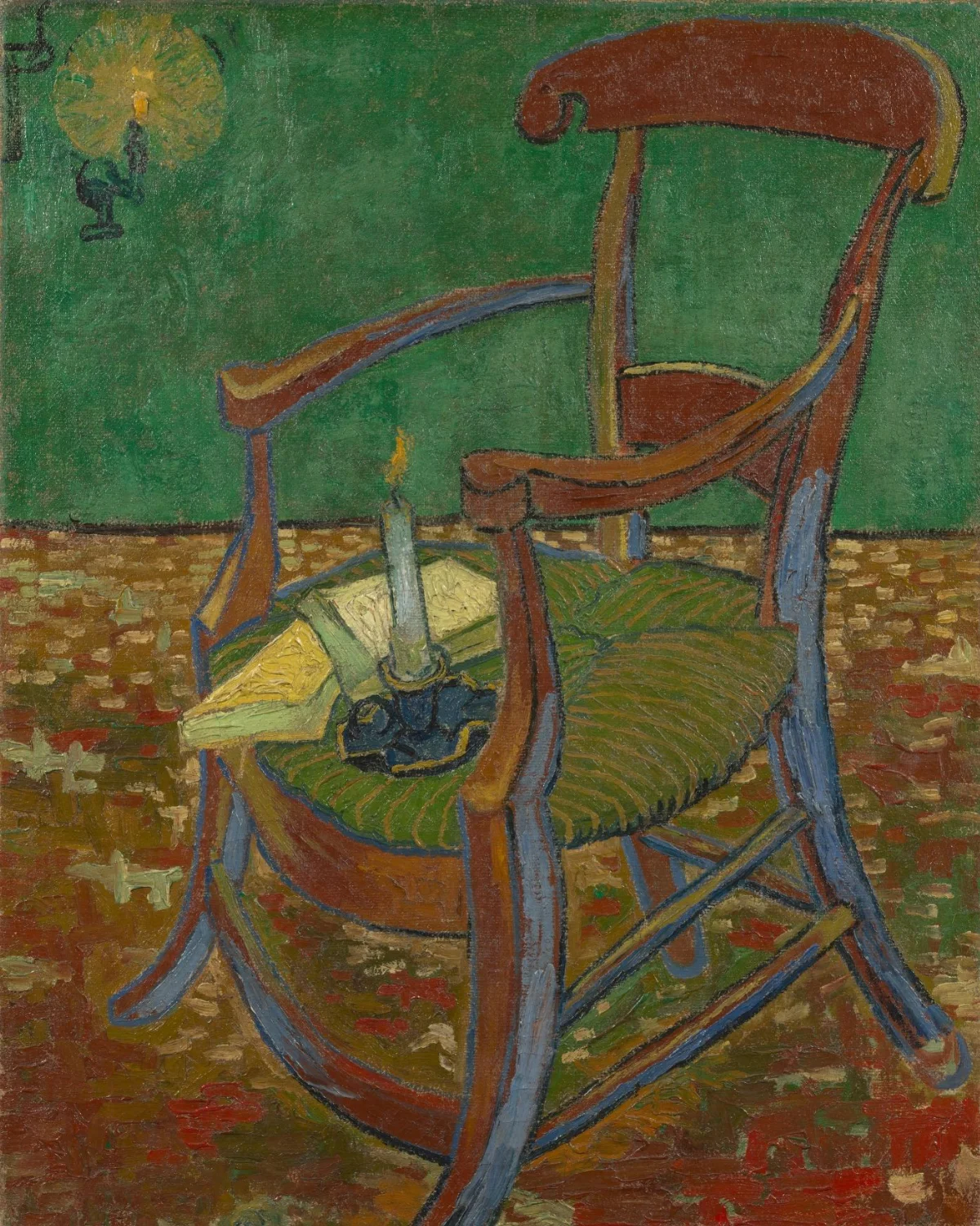 Painting of an elegant wooden armchair at night under a gas lamp, with a lit candle and two books on the seat