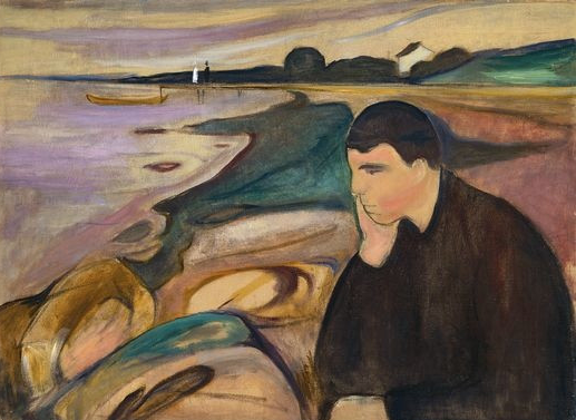 A man sits hunched on a rocky shore with his head resting on his hand, while a curving coastline leads to a distant couple walking down a jetty towards a boat.