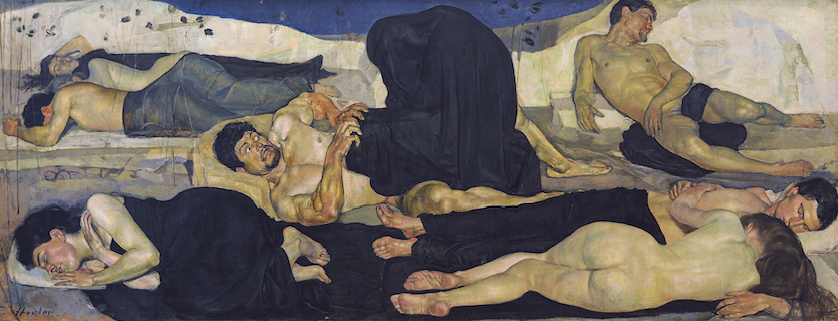 Night by Ferdinand Hodler, 1889-90, sleeping figures with a man awakened by a dark shrouded figure crouching on him