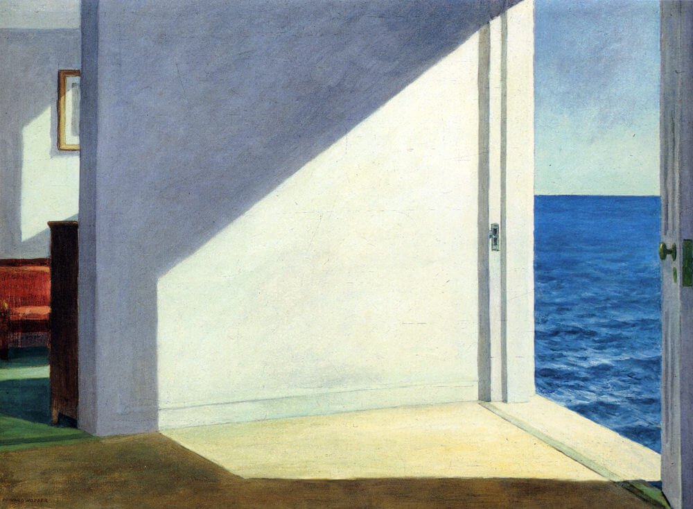 Edward Hopper painting of an empty room with an open door that looks directly onto the sea, with sunlight falling across the bare wall and floor