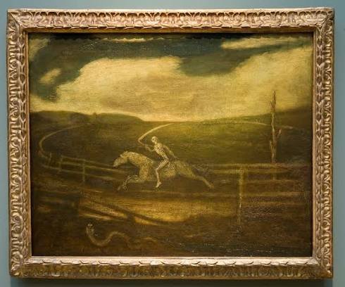 The Race Track (Death on a Pale Horse) by Albert Pinkham Ryder, skeleton with a scythe riding a horse around an empty racetrack