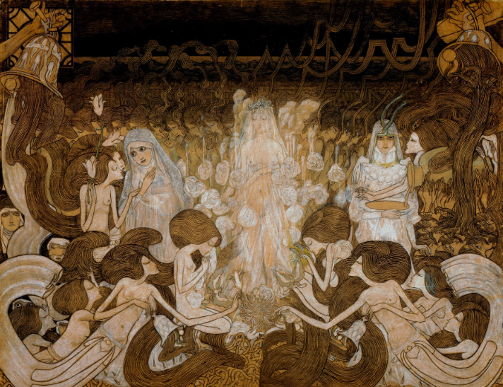 The Three Brides by Jan Toorop, 1893, three brides surrounded by flowing lines of hair and ghostly figures
